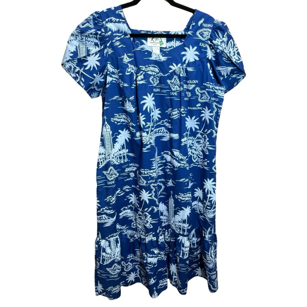 Vintage KYS Made in Hawaii Blue Island Map Dress Size L EUC